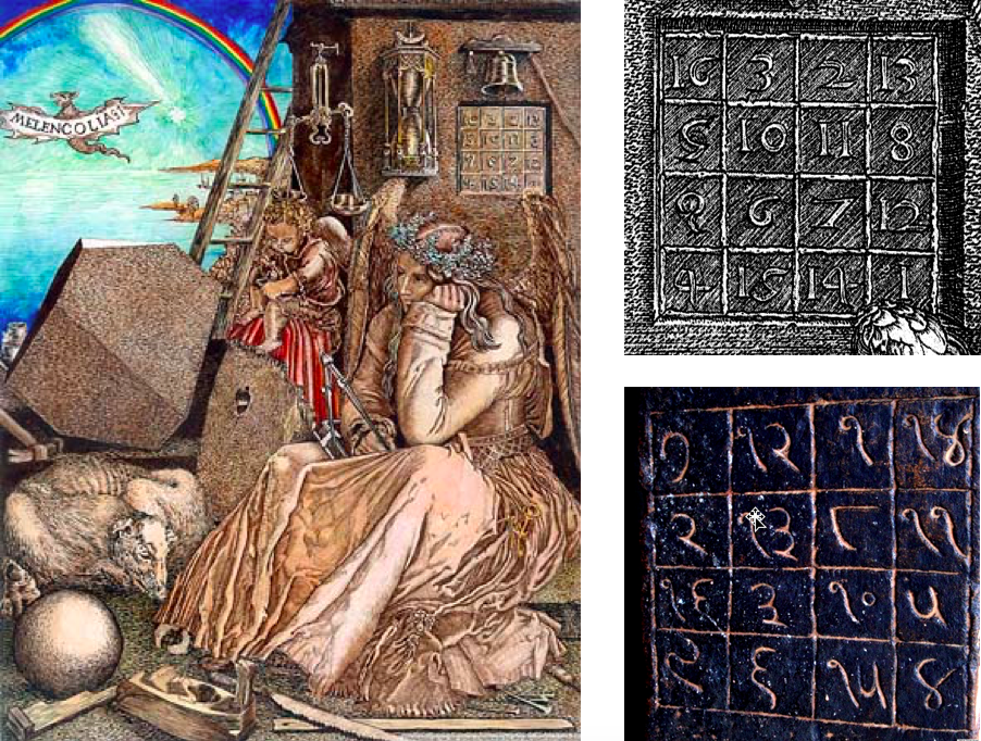 Рисунок 1 – Магические квадраты: слева – Гравюра А. Дюрера «Меланхолия»; вверху справа - площадь Дюрера; внизу справа - площадь Кхаджурахо