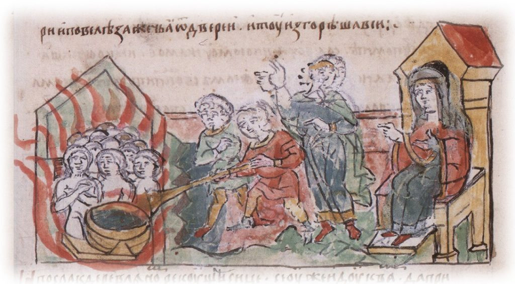 Вторая месть Ольги за убийство Игоря — сожжение в бане только что прибывших древлянских послов.