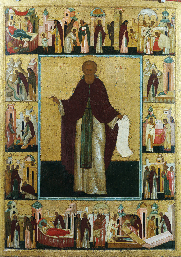Преподобный Сергий Радонежский. Икона с житием, 1-я треть 16 века. Феодосийская Мастерская