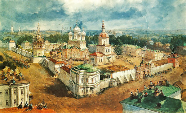 Акварель В. Садовникова: Вид на Богоявленско-Анастасьинский монастырь (после 1865 года), Кострома