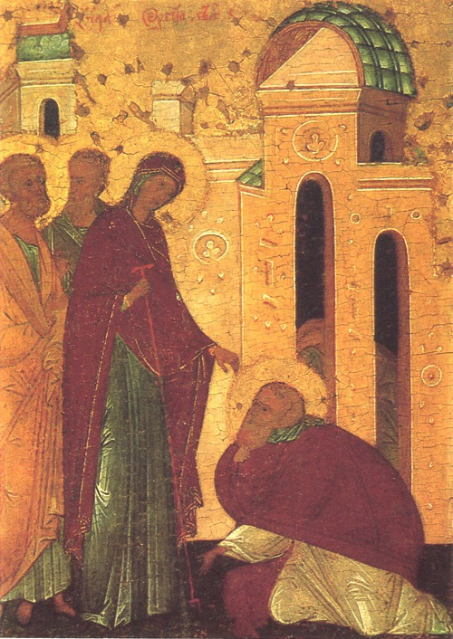 Явление преподобного Серхио де ла Мадре де Диоса с апостолами Петром и Павлом. В разрезе здания преподобный Михей, который был очевидцем этого события. 
