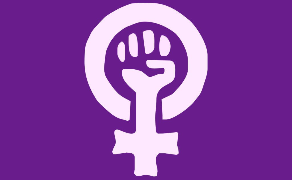 Символ феминизма: сжатый кулак - борьба, зеркало Венеры - символ женщины, традиционный сиреневый цвет