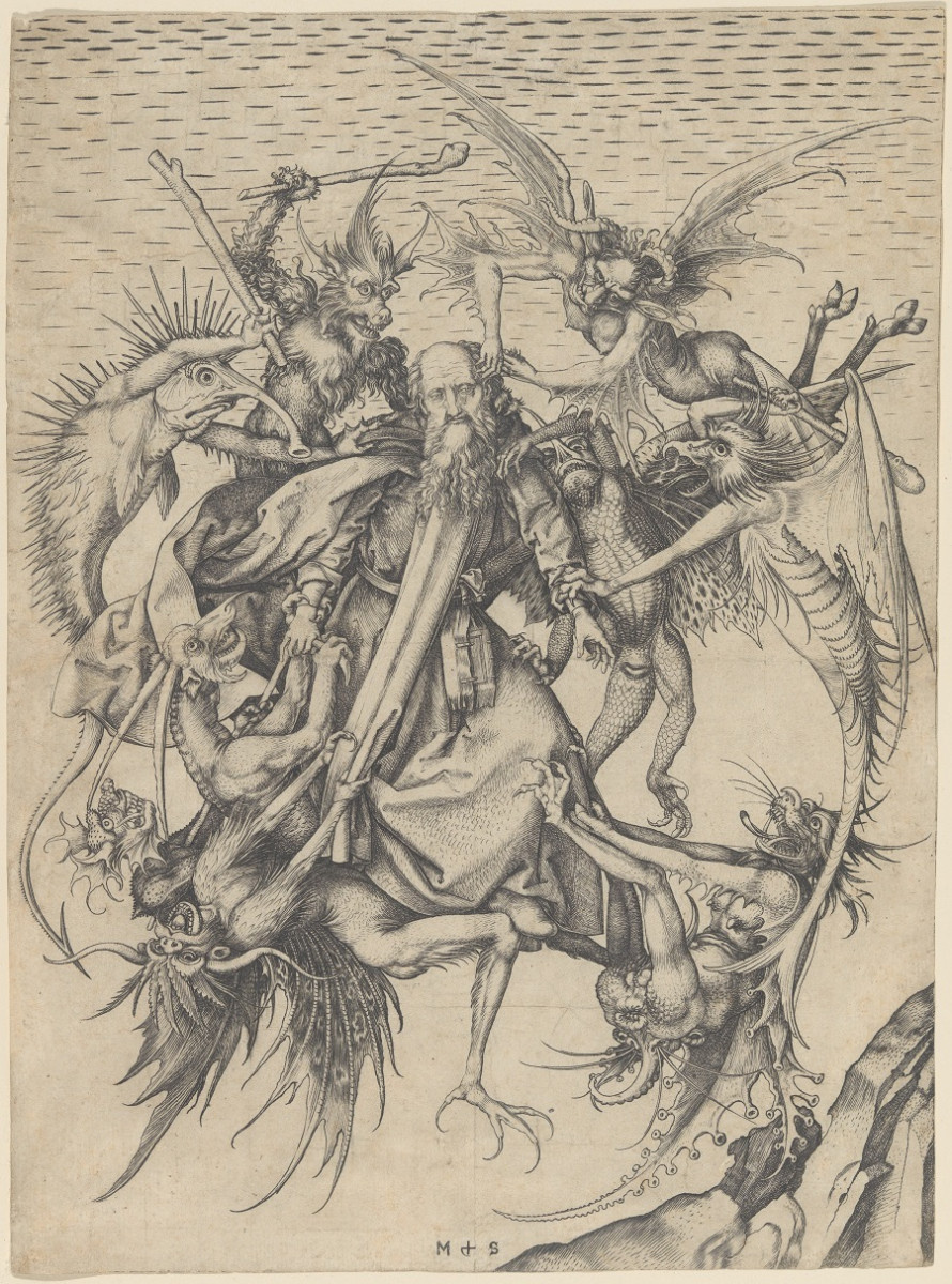 Святой Антоний Великий, побитый демонами, которые хотят увести его с места подвига отшельника. Мартин Шонгер. 1480
