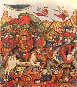 Куликовская битва. Миниатюра XVI века из рукописи 