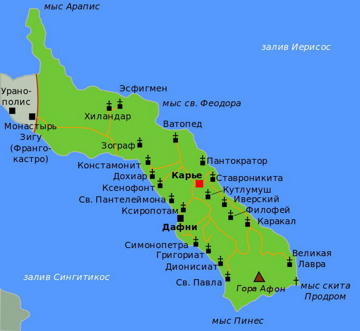 Карта горы Афон с монастырями