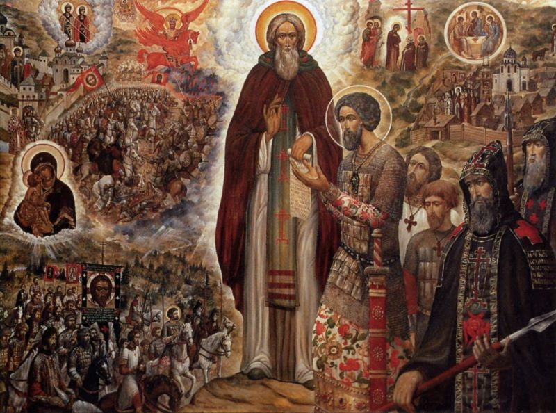 Икона преподобного Сергия Радонежского благословляет князя Димитрия Донского на Куликовскую битву